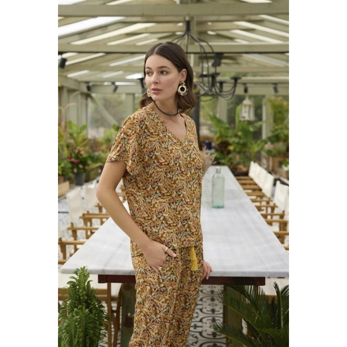 VipMarketim Çiçek Ve Yaprak Desenli Önü Düğmeli Alt Üst Takım