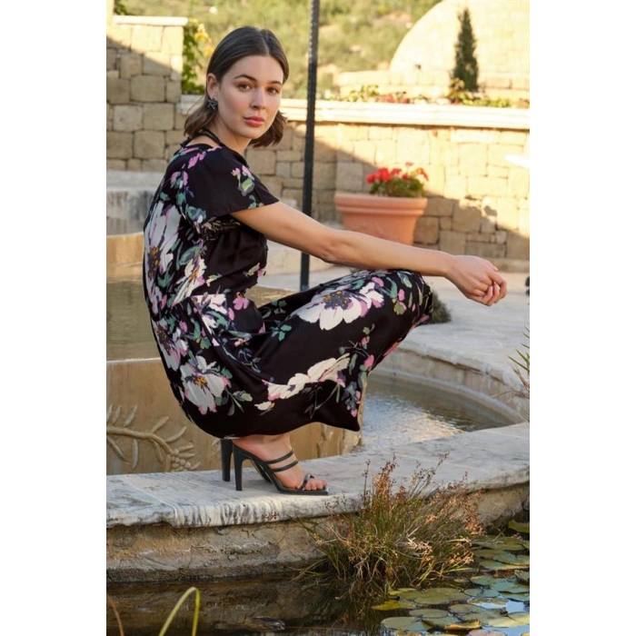 Vipmarketim Çiçek Ve Yaprak Desenli Önü Düğmeli Elbise