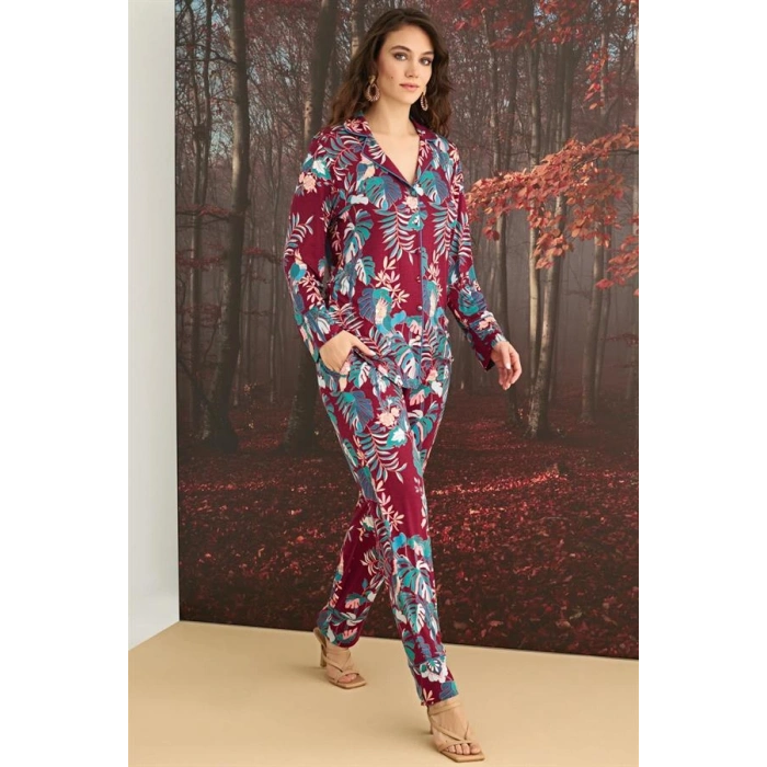 Vipmarketim Çiçek Ve Yaprak Desenli Önü Düğmeli Pijama Takımı
