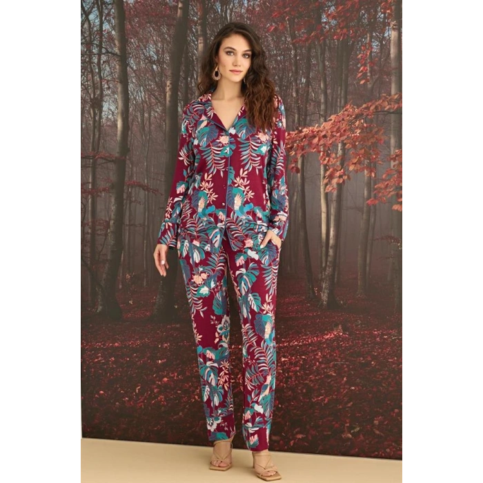 VipMarketim Çiçek Ve Yaprak Desenli Önü Düğmeli Pijama Takımı