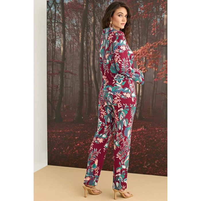 Vipmarketim Çiçek Ve Yaprak Desenli Önü Düğmeli Pijama Takımı
