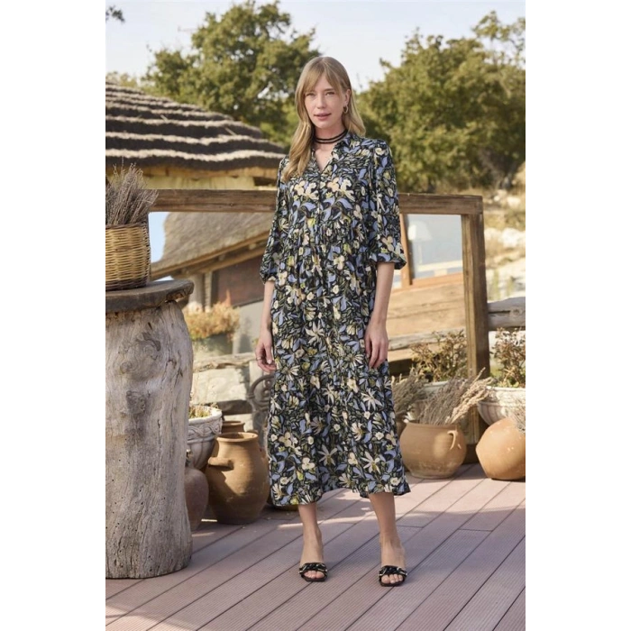 Vipmarketim Çiçek Ve Yaprak Desenli Truvakar Kollu Elbise