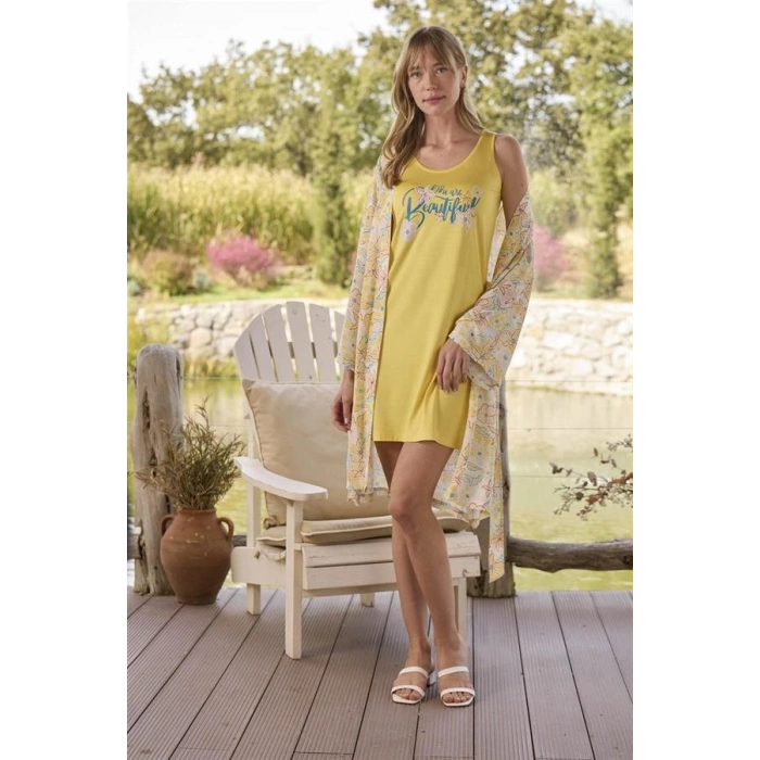 VipMarketim Çiçek Ve Yaprak Desenli Ve Baskılı You Are Beautiful Sabahlık Takımı