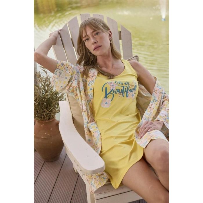 VipMarketim Çiçek Ve Yaprak Desenli Ve Baskılı You Are Beautiful Sabahlık Takımı