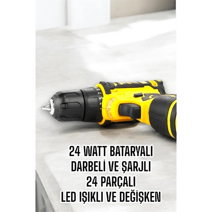 VipMarketim Çift Bataryalı Metal Dişli Darbeli Şarjlı Matkap Seti 24W Güç ve 24 Parça Aksesuar