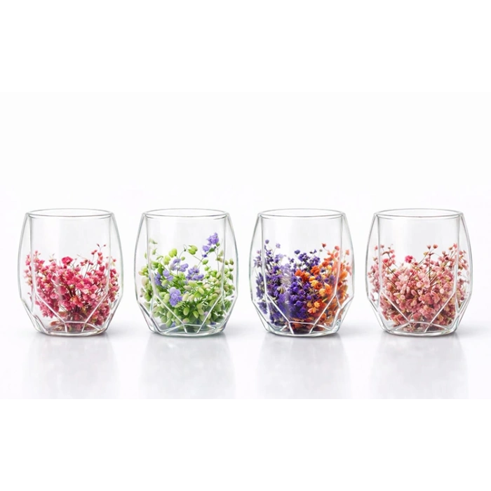 VipMarketim Çift Camlı Çiçekli Köşeli Bardak