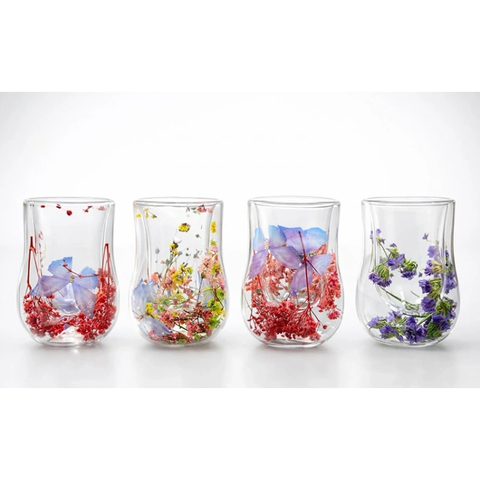 VipMarketim Çift Camlı Çiçekli Su Bardağı