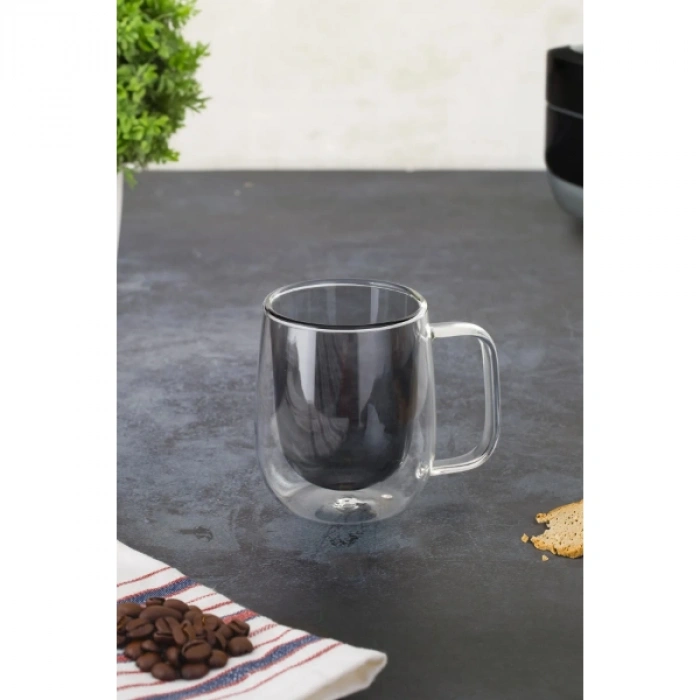 VipMarketim Çift Cidarlı Cam Kupa Gri Renk