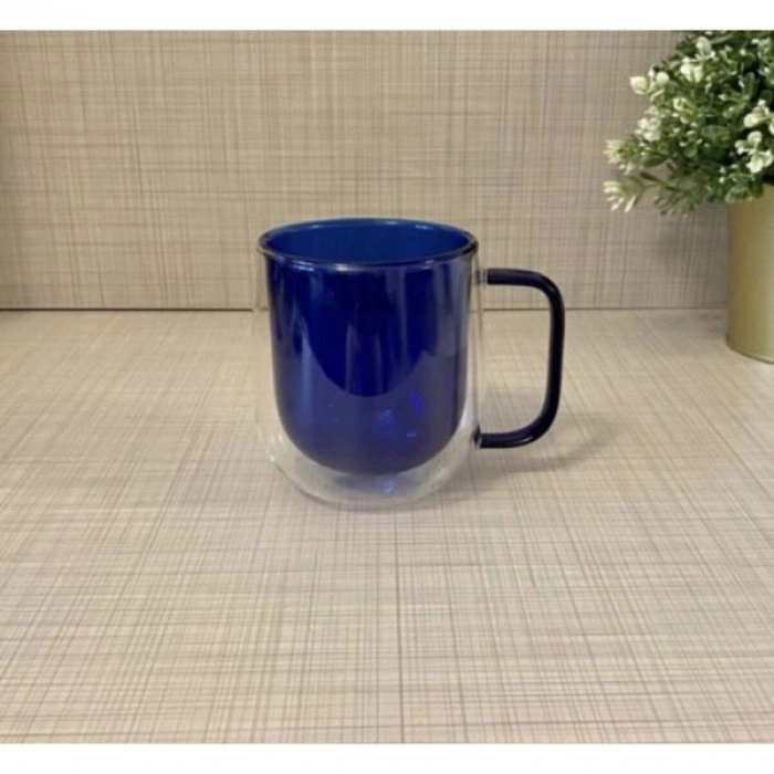 VipMarketim Çift Cidarlı Cam Kupa Lacivert Renk