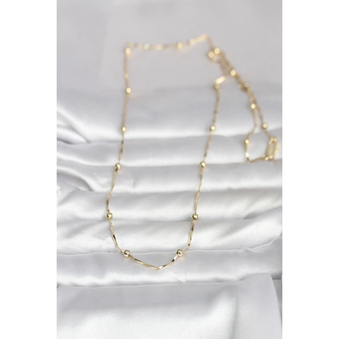 VipMarketim CM 14K Gold Renk Kesme Çubuk Zincir Topçuklu Model 60 cm Kadın Kolye 5886
