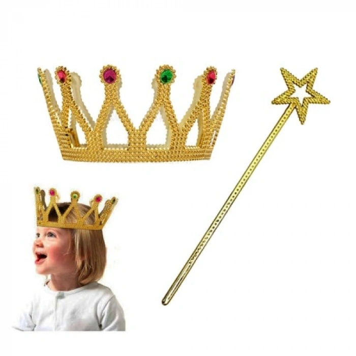 VipMarketim Çocuk Boy Kraliçe Prenses Tacı ve Yıldız Peri Asası Altın Renk