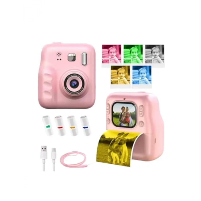 VipMarketim Çocuk Dijital Fotoğraf Makinesi Anında Baskı ve HD Video Kayıt Özellikli 5 kalem ve 4 rulo kağıt hediye