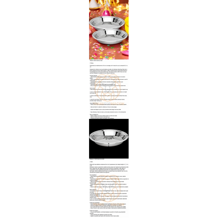 VipMarketim Çocuk Tabağı Güvenli Kenarlı Çelik 2 Adet 21 cm