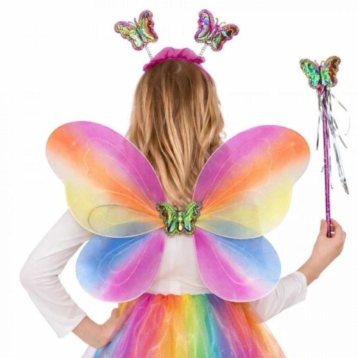 VipMarketim Çocuklar İçin Renkli Kelebek Kanat Taç Asa Kostüm Seti