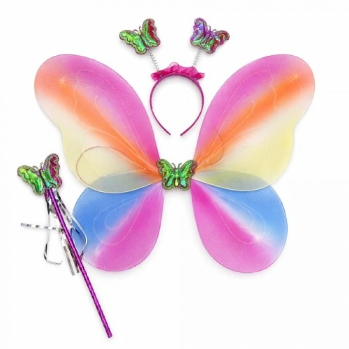 VipMarketim Çocuklar İçin Renkli Kelebek Kanat Taç Asa Kostüm Seti