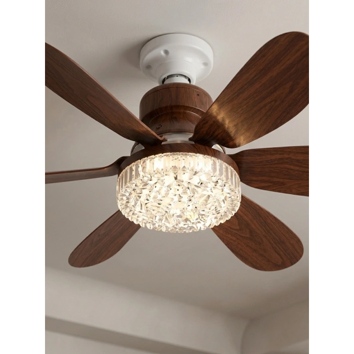 VipMarketim Crystal Aura 52 cm Ultra Sessiz Ahşap Renk LED Tavan Vantilatörü | 3 Kademeli Bakır Motor | Kumandalı Kristal Avize Vantilatör