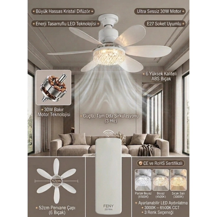 VipMarketim Crystal Aura 52 cm Ultra Sessiz LED Tavan Vantilatörü | 3 Kademeli Bakır Motor | Kumandalı Kristal Avize Vantilatör
