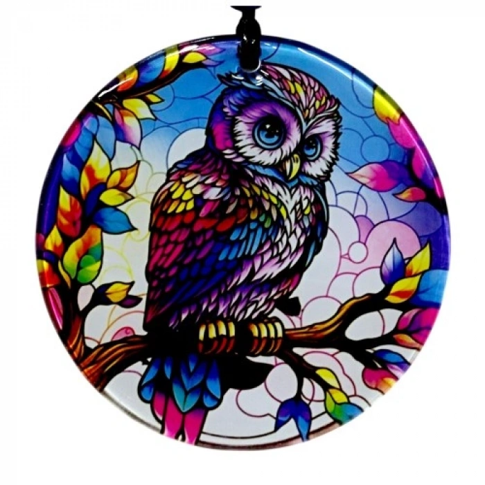 VipMarketim Dalda Baykuş Desenli 12 Cm Füzyon Cam Duvar Süsü