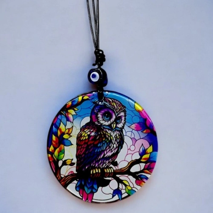 VipMarketim Dalda Baykuş Desenli 12 Cm Füzyon Cam Duvar Süsü