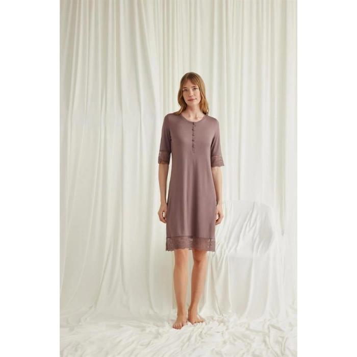 VipMarketim Dantel Detaylı Kısa Kollu Ve Önü Düğmeli Gecelik