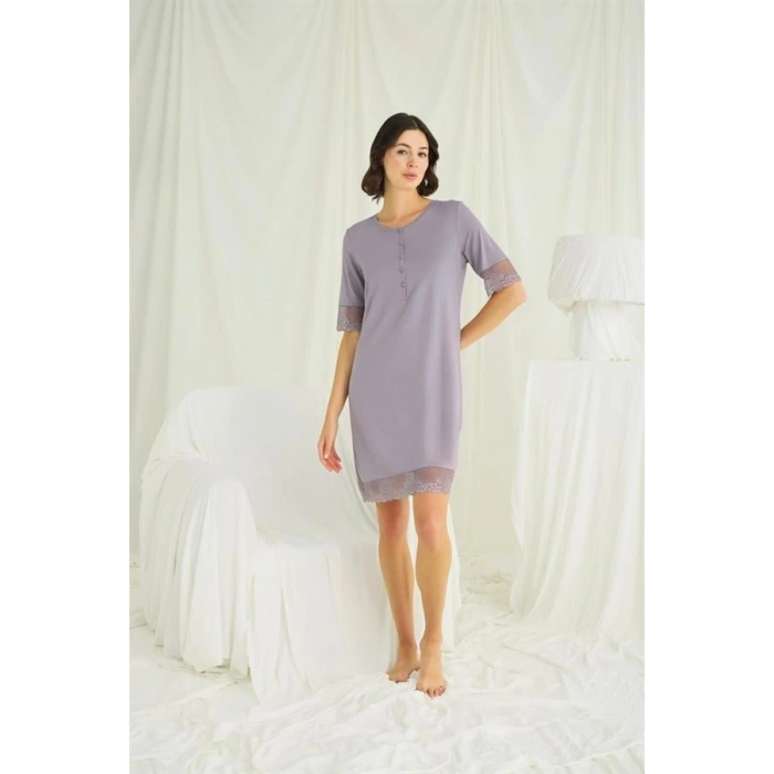 Vipmarketim Dantel Detaylı Kısa Kollu Ve Önü Düğmeli Gecelik