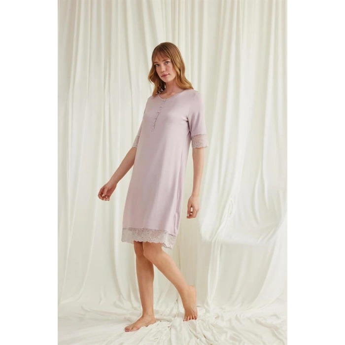 Vipmarketim Dantel Detaylı Kısa Kollu Ve Önü Düğmeli Gecelik