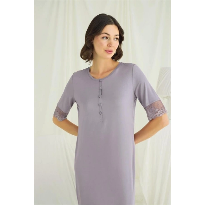 Vipmarketim Dantel Detaylı Kısa Kollu Ve Önü Düğmeli Gecelik