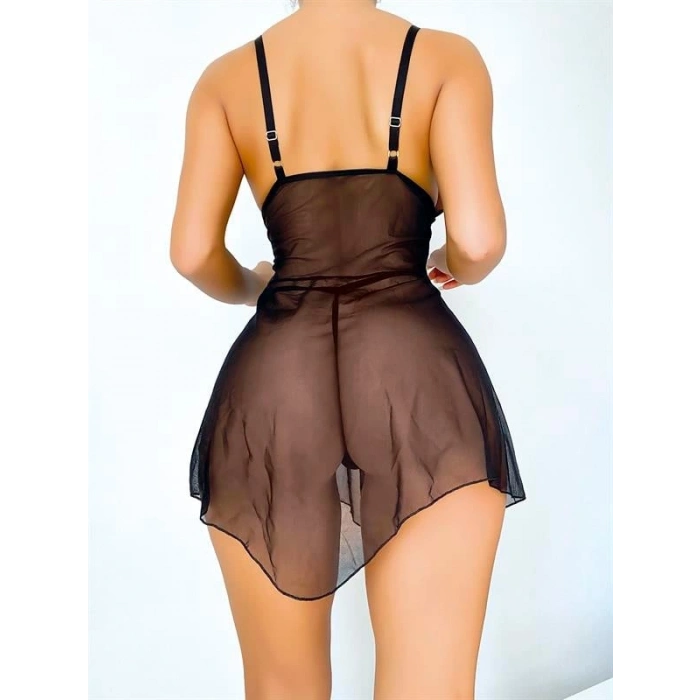 VipMarketim Dantel İşlemeli Kurdelalı Fantezi Siyah Gecelik Takımı