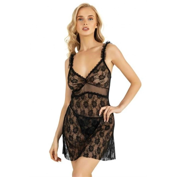 VipMarketim  Dantel İşlemeli Siyah Kısa Tül Gecelik