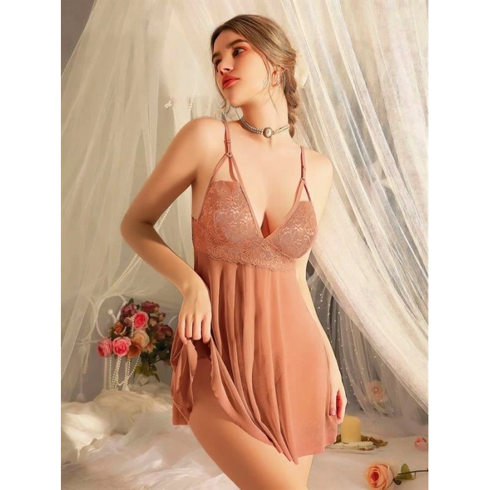 VipMarketim Dantel İşlemeli Tül Transparan Kahverengi Fantezi Gecelik