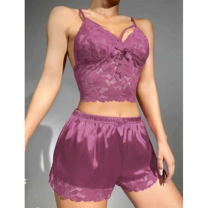 VipMarketim  Dantelli Büstiyer İnce Askılı Lila Saten Şortlu Takım