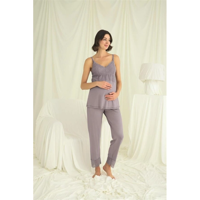 VipMarketim Dantelli Hamile Lohusa 3Lü Pijama Takımı