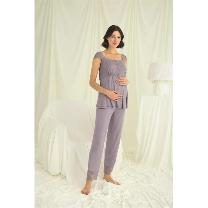 Vipmarketim Dantelli Önü Düğmeli Hamile Lohusa 3lü Pijama Takımı
