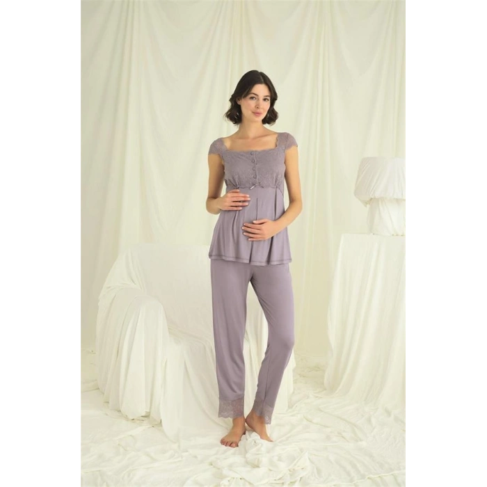 Vipmarketim Dantelli Önü Düğmeli Hamile Lohusa 3lü Pijama Takımı