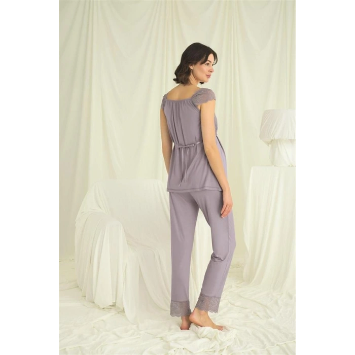 VipMarketim Dantelli Önü Düğmeli Hamile Lohusa 3Lü Pijama Takımı