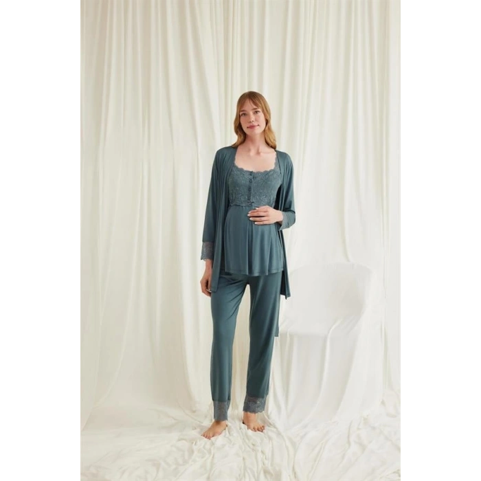 Vipmarketim Dantelli Önü Düğmeli Hamile Lohusa 3lü Viskon Pijama Takımı