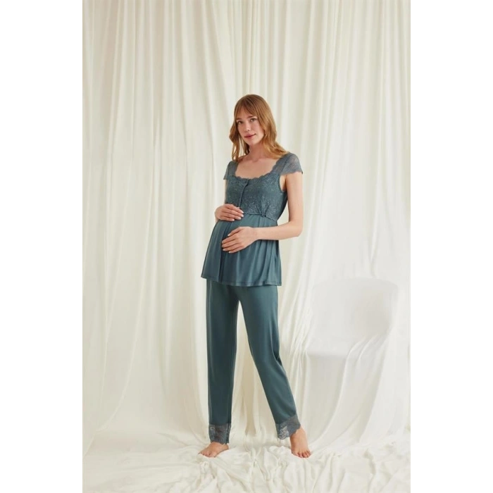 VipMarketim Dantelli Önü Düğmeli Hamile Lohusa 3Lü Viskon Pijama Takımı