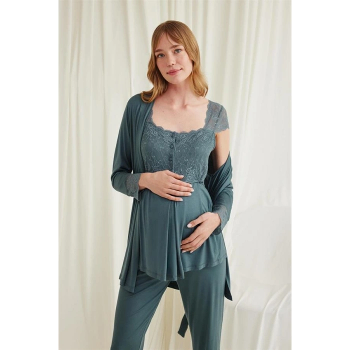 Vipmarketim Dantelli Önü Düğmeli Hamile Lohusa 3lü Viskon Pijama Takımı