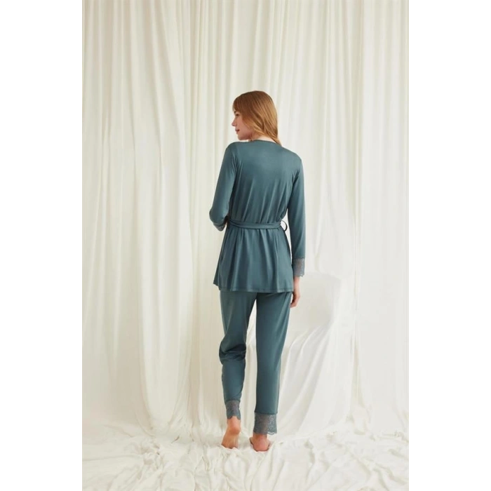 VipMarketim Dantelli Önü Düğmeli Hamile Lohusa 3Lü Viskon Pijama Takımı