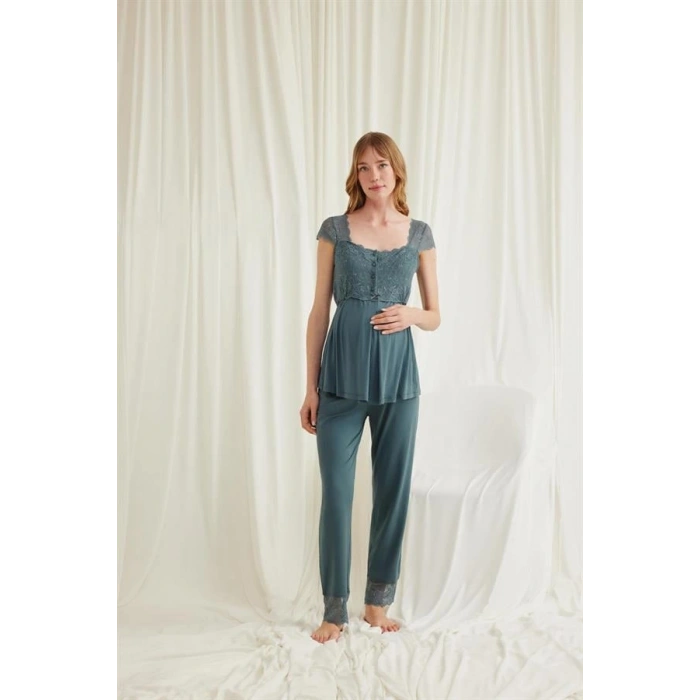 VipMarketim Dantelli Önü Düğmeli Hamile Lohusa 3Lü Viskon Pijama Takımı