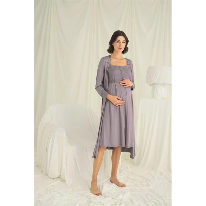 VipMarketim Dantelli Önü Düğmeli Hamile Lohusa Sabahlık Takımı