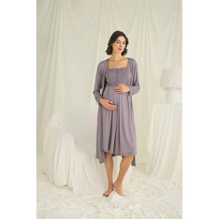 VipMarketim Dantelli Önü Düğmeli Hamile Lohusa Sabahlık Takımı