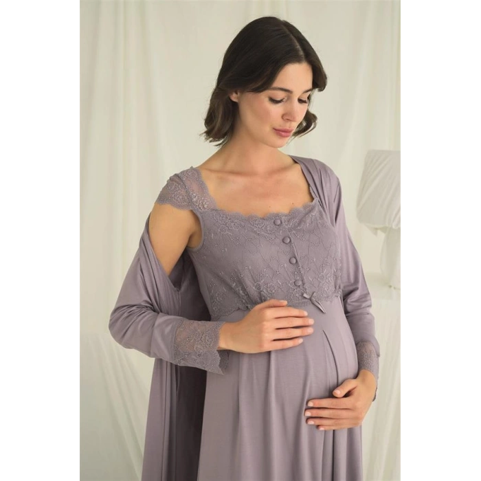 Vipmarketim Dantelli Önü Düğmeli Hamile Lohusa Sabahlık Takımı