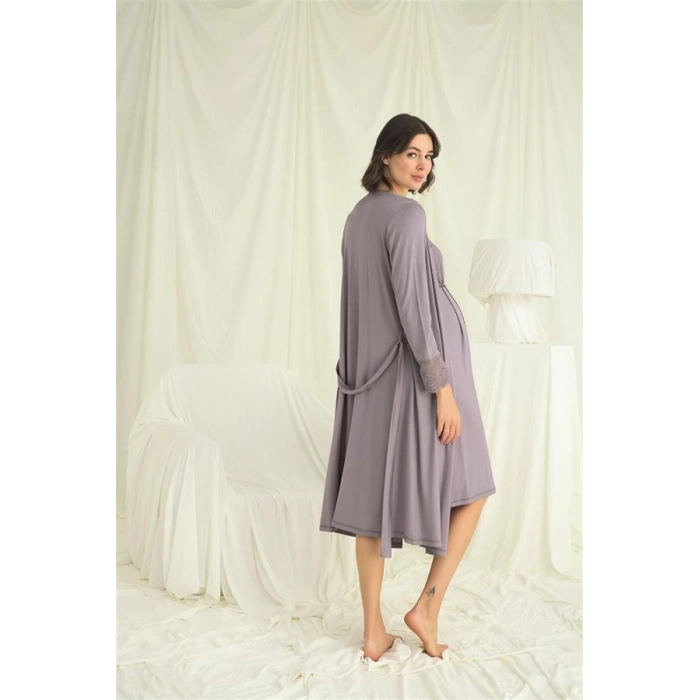 Vipmarketim Dantelli Önü Düğmeli Hamile Lohusa Sabahlık Takımı