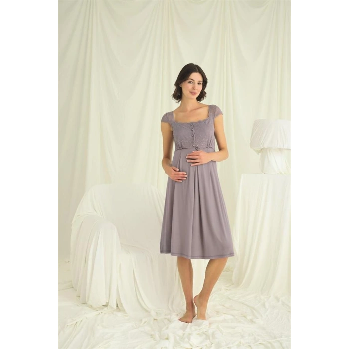 VipMarketim Dantelli Önü Düğmeli Hamile Lohusa Sabahlık Takımı