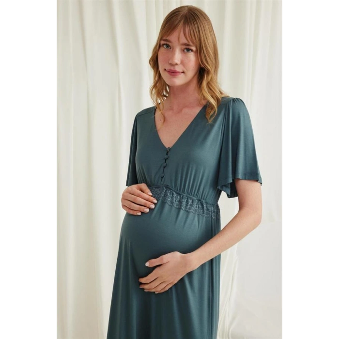 Vipmarketim Dantelli Önü Düğmeli Hamile Lohusa Viskon Gecelik