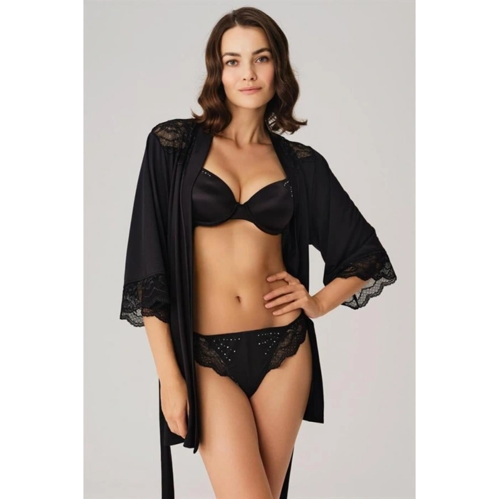 VipMarketim  Dantelli Sabahlık Balenli Destekli Dolgulu Taşlı Sütyen Ve String 3lü Takım