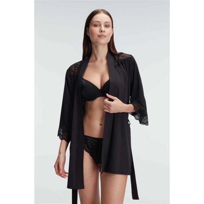 VipMarketim Dantelli Sabahlık Balenli Destekli Dolgulu Taşlı Sütyen Ve String 3Lü Takım