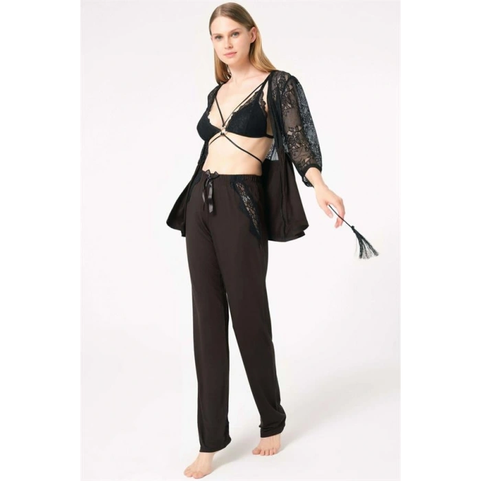 VipMarketim  Dantelli Sabahlık Balensiz Desteksiz Dolgusuz Yaka Detaylı Sütyen Ve Pantolon Pijama 3lü Takım