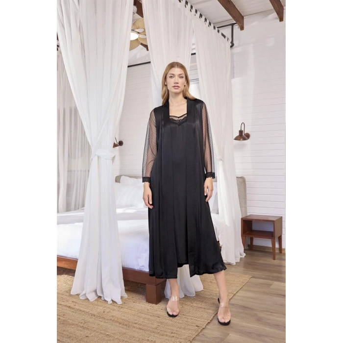 VipMarketim Dantelli Tüllü Ve Dekolteli Saten Sabahlık Takımı